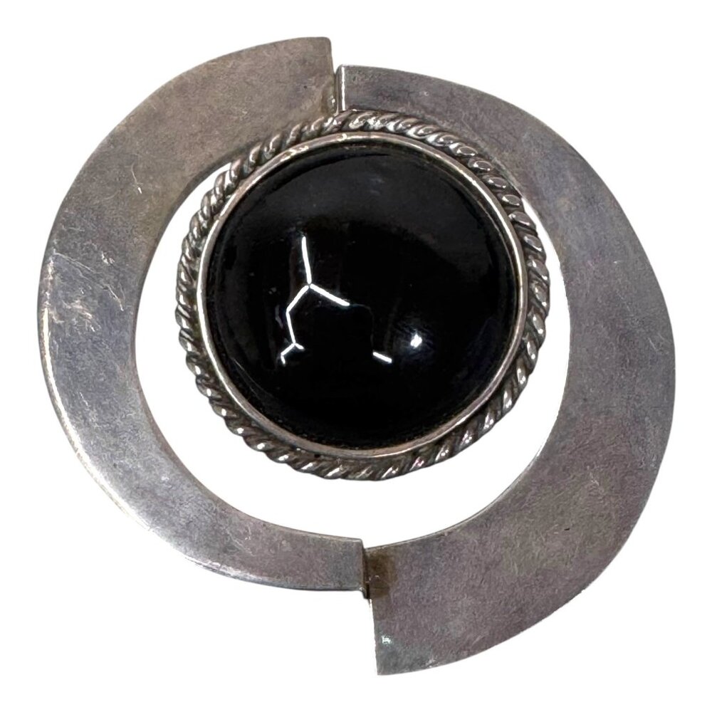 Vintage Mexican Sterling Silver Orb Modernist MCM Retro & Black Onyx Brooch Pin